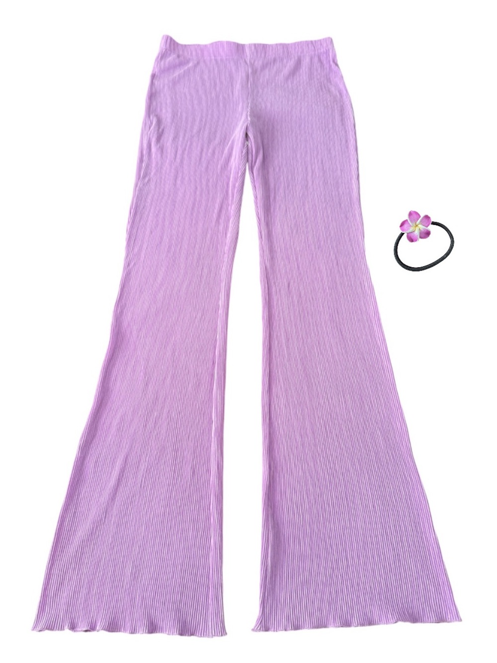 Mango Ribbed Lilac Flare Long Inseam Stretchy Summer Pants L Scallop Hem Sheen